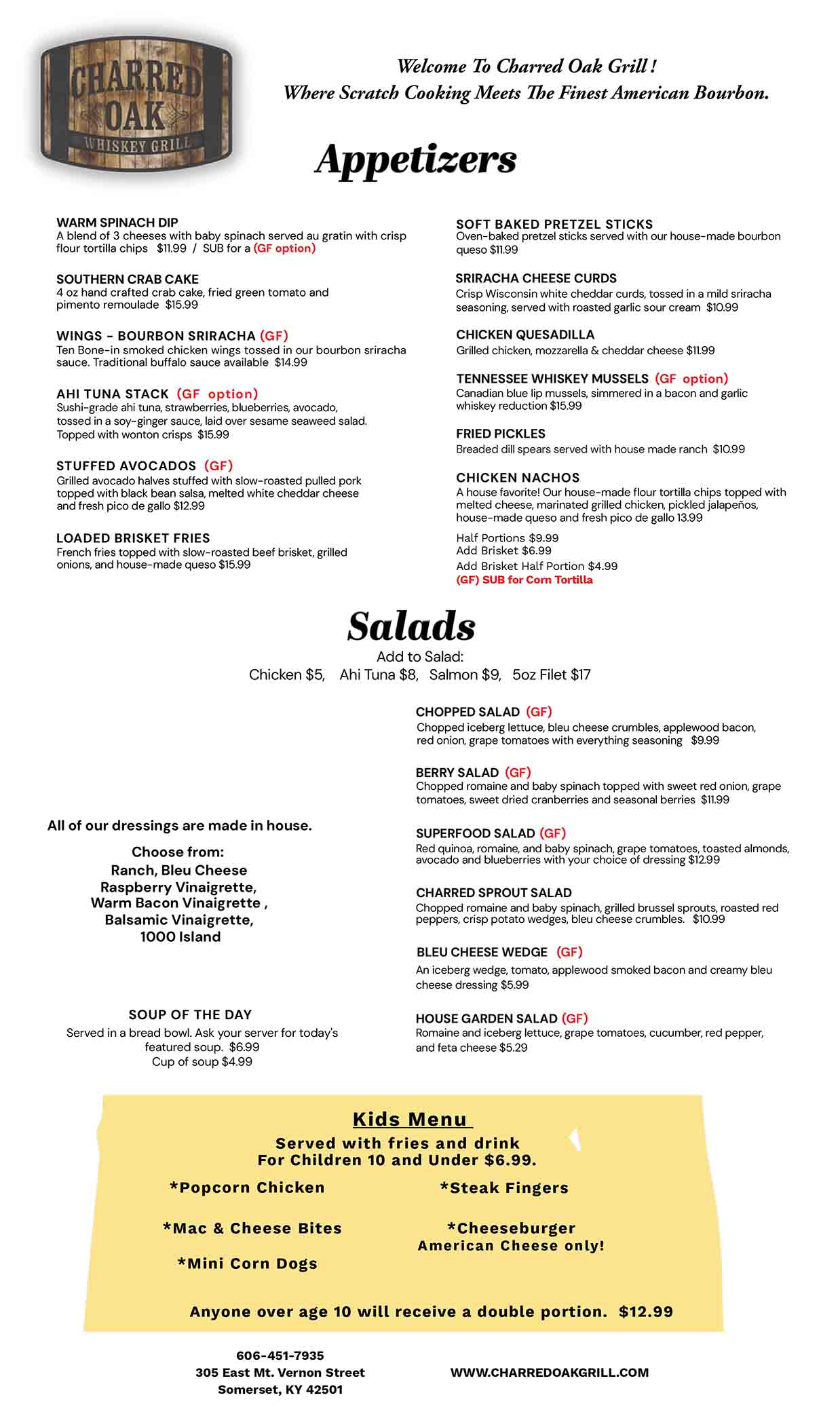 Charred Oak Grill Appetizer and Salad menu