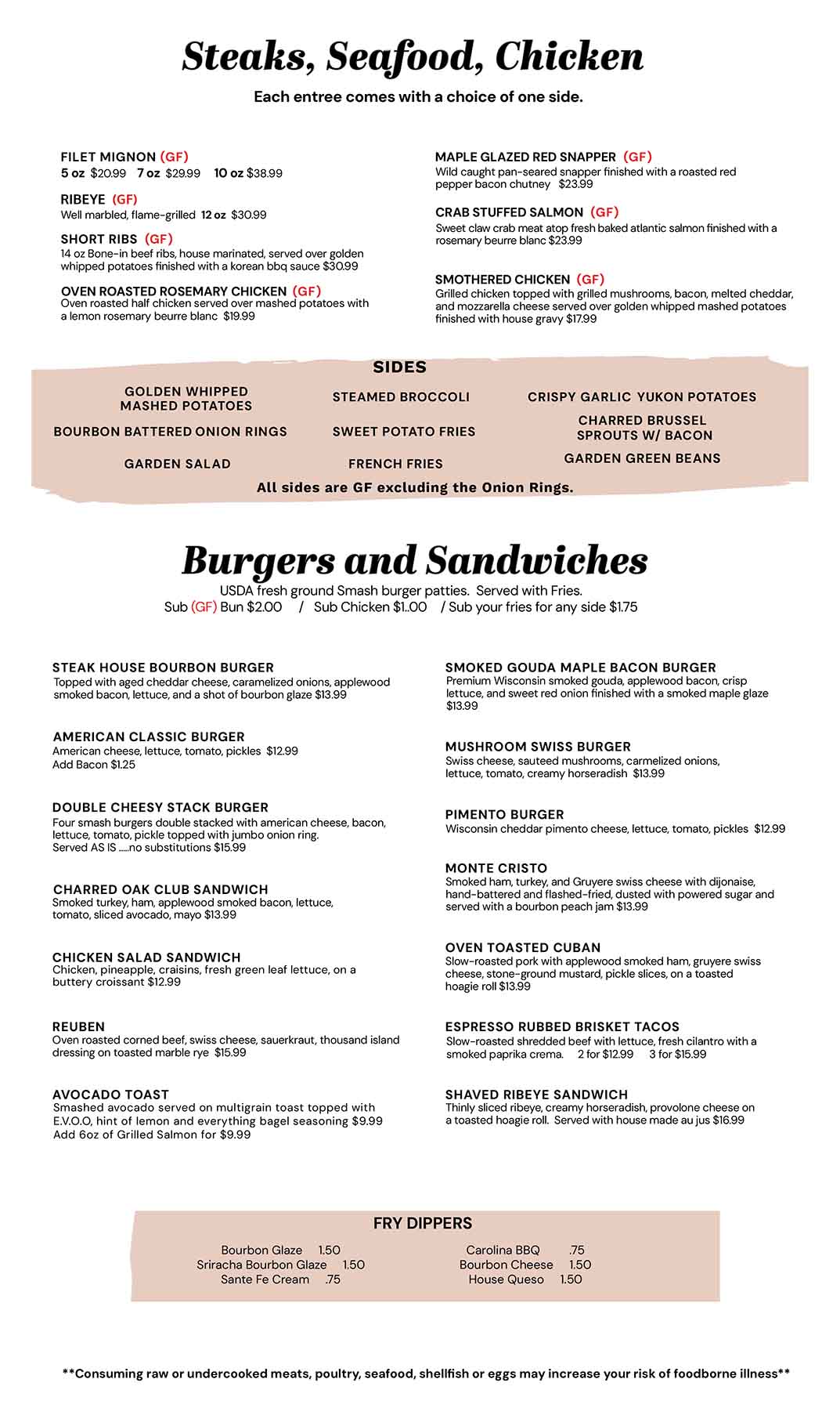 Charred Oak Grill Seafood and Burger menu