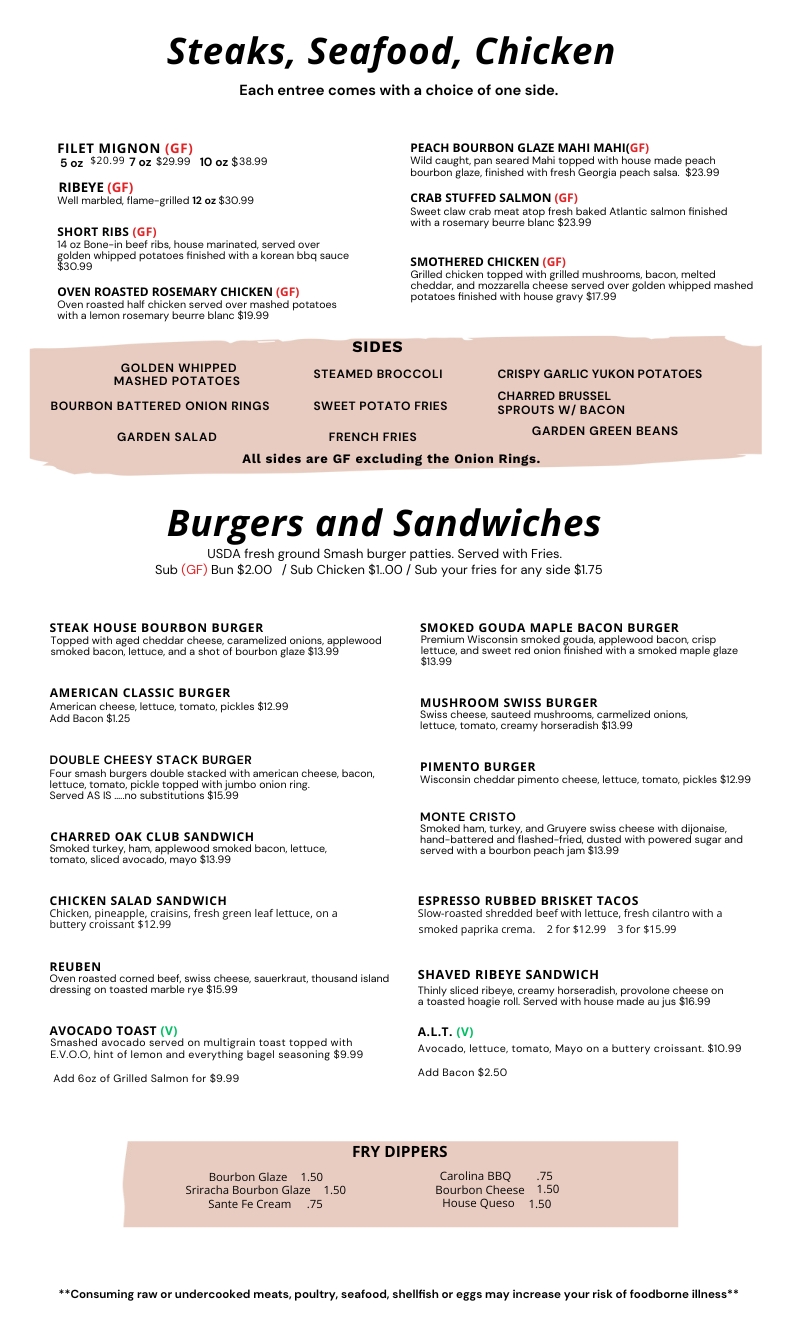 2 Charred Oak Grill Seafood and Burger menu